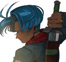Rule 34 | 1boy, arm behind back, blue eyes, blue hair, close-up, denim, denim jacket, dragon ball, dragon ball super, floating hair, from behind, holding, holding sword, holding weapon, jacket, looking at viewer, male focus, neckerchief, profile, red neckerchief, serious, shaded face, simple background, solo, sword, tako jirou, trunks (dragon ball), trunks (future) (dragon ball), upper body, weapon, white background