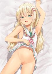 Rule 34 | 1girl, bed sheet, blonde hair, blush, bow, censored, cleft of venus, collarbone, dress, grecale (kancolle), green eyes, hair between eyes, hair bow, highres, kantai collection, long hair, mosaic censoring, navel, neckerchief, open mouth, pink bow, pussy, sailor collar, sailor dress, sleeveless, sleeveless dress, smile, solo, white dress, white sailor collar, zuki