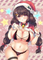 Rule 34 | 1girl, bell, black bra, black panties, blush, bra, braid, breasts, bridal garter, brown hair, capelet, christmas, cleavage, commentary request, cowboy shot, fur-trimmed capelet, fur trim, hair ornament, hairclip, hands up, hat, large breasts, lingerie, long hair, looking at viewer, navel, original, panties, parted lips, red eyes, red hat, santa hat, skindentation, snowflakes, solo, star (symbol), suzunone rena, twin braids, twintails, underwear, underwear only, very long hair
