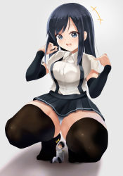 Rule 34 | 1boy, 1girl, admiral (kancolle), alicemagic, alternate breast size, arm warmers, asashio (kancolle), bad id, bad pixiv id, black hair, black thighhighs, blue eyes, breasts, full body, giant, giantess, gradient background, grey skirt, hair between eyes, hat, highres, kantai collection, long hair, medium breasts, military, military hat, military uniform, naval uniform, open mouth, panties, peaked cap, pleated skirt, school uniform, shadow, shirt, short sleeves, skirt, smile, squatting, surprised, suspender skirt, suspenders, sweatdrop, thick thighs, thighhighs, thighs, underwear, uniform, white background, white panties, white shirt