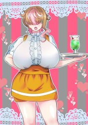 Rule 34 | 1girl, blonde hair, breasts, cherry, codeorange162, dessert, drink, ear piercing, female focus, food, fruit, gyaru, hidden eyes, highres, holding, holding plate, hoshizaki mika, huge breasts, looking at viewer, maid, open mouth, original, piercing, pink eyes, plate, shiny skin, shirt, short hair, skirt, solo, standing, taut clothes, thick thighs, thighs, tongue piercing, white shirt, yellow skirt