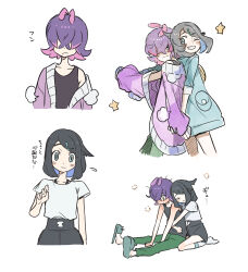 Rule 34 | 2girls, absurdres, black hair, blue eyes, blush, cardigan, closed mouth, collarbone, creatures (company), dot (pokemon), eyelashes, game freak, hair ornament, hair over eyes, hairclip, highres, holding, hug, hug from behind, jacket, liko (pokemon), multiple girls, nintendo, open clothes, open mouth, padazn1, pants, pokemon, pokemon (anime), pokemon horizons, purple eyes, purple hair, shirt, short hair, shorts, tank top, white shirt