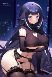 Rule 34 | 1girl, animal ears, bed, black gloves, black hair, body markings, breasts, cleavage, cleavage cutout, clothing cutout, elbow gloves, facial mark, fins, fish tail, gloves, heart cutout, highres, indie virtual youtuber, large breasts, long hair, looking at viewer, multicolored hair, oioi ainomo, orca girl, purple eyes, shy, shylily, streaked hair, tail, underwear, virtual youtuber, white hair