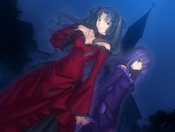 Rule 34 | 00s, 2girls, alternate costume, bare shoulders, black hair, blue eyes, breasts, choker, church, cleavage, covered erect nipples, cowboy shot, cross, dress, dutch angle, fate/hollow ataraxia, fate/stay night, fate (series), female focus, floating hair, frilled dress, frills, from side, game cg, goth fashion, hair ribbon, hand on own chest, light smile, long hair, long sleeves, looking at viewer, matou sakura, multiple girls, night, night sky, off-shoulder dress, off shoulder, outdoors, outline, parted bangs, purple choker, purple dress, purple eyes, purple hair, red choker, red dress, ribbon, serious, siblings, sisters, sky, sleeves past wrists, smile, spoilers, standing, takeuchi takashi, tohsaka rin, tree, twintails, two side up, type-moon, wavy hair, wide sleeves