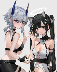 Rule 34 | 2girls, angel, angel wings, animal ear fluff, animal ears, arm strap, back, back tattoo, bare arms, bare shoulders, belt, black belt, black choker, black gloves, black hair, black shorts, blue eyes, blue horns, bow, bowtie, breasts, camisole, cat ears, choker, cleavage, clover hair ornament, crop top, demon horns, elbow gloves, flower knot, frilled choker, frills, from side, gloves, green eyes, grey background, grey hair, grin, hair between eyes, hair ornament, hair ribbon, halo, hand up, heart, heart hands, heart hands duo, highres, horns, index finger raised, large breasts, light blush, long hair, looking at viewer, midriff, mitsudomoe (shape), multiple girls, navel, original, partially fingerless gloves, raiya atelier, ribbon, short hair, short shorts, shorts, shoulder strap, sideboob, sidelocks, simple background, single elbow glove, sleeveless, smile, swept bangs, tattoo, teeth, thigh strap, tomoe (symbol), twintails, waving, white bow, white bowtie, wings, wreath, wristband