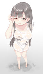 Rule 34 | 1girl, bad id, bad pixiv id, black hair, blush, breasts, collarbone, commentary request, from above, full body, hair over shoulder, highres, idolmaster, idolmaster cinderella girls, kobayakawa sae, long hair, medium breasts, nabu (xday), one eye closed, sandals, shirt, short sleeves, solo, standing, translation request, water, wet, wet clothes, white shirt