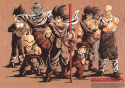 Rule 34 | 1990s (style), 6+boys, bald, beige background, black hair, boots, brown background, cape, character name, copyright name, crossed arms, dougi, dragon ball, dragonball z, facial mark, father and son, forehead mark, height difference, high contrast, highres, holding, holding polearm, holding weapon, kuririn, limited palette, long hair, looking at viewer, male focus, medium hair, multiple boys, muscular, muscular male, namekian, non-web source, ruyi jingu bang, official art, parted lips, piccolo, pointy ears, polearm, retro artstyle, saiyan, saiyan armor, scan, serious, short hair, simple background, son gohan, son goku, spiked hair, standing, tank top, tenshinhan, third eye, turban, vegeta, weapon, wristband, yamcha