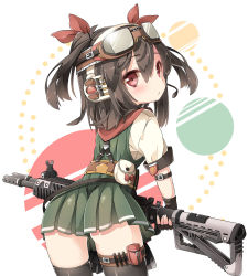 Rule 34 | 1girl, black thighhighs, chitetan, fingerless gloves, gloves, goggles, gun, headphones, original, red eyes, rifle, short hair, short twintails, solo, thigh strap, thighhighs, twintails, weapon