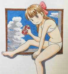 Rule 34 | 1girl, :3, barefoot, bikini, blush, bow, breasts, brown eyes, brown hair, can, cloud, coca-cola, drink, drink can, grey background, hair bow, highres, holding, long hair, looking at viewer, looking to the side, marup, navel, sitting, sky, small breasts, smile, soda can, swimsuit, white bikini, window