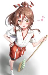Rule 34 | absurdres, broom, brown eyes, brown hair, hand on own hip, highres, kantai collection, long hair, loose socks, musical note, nedia (nedia region), ponytail, socks, solo, zuihou (kancolle)