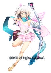 Rule 34 | 1girl, angel wings, arrow (projectile), belt, blue eyes, blue scarf, bow (weapon), character request, full body, gauntlets, highres, looking at viewer, meikyuu tansaku dragon princess, painpa, pink skirt, sandals, scarf, skirt, solo, standing, standing on one leg, watermark, weapon, white background, white hair, wings