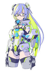 Rule 34 | 1girl, android, arms at sides, blue hair, breasts, colored inner hair, commentary request, degarashi (ponkotsu), green hair, joints, long hair, looking at viewer, multicolored hair, original, robot joints, semi-rimless eyewear, small breasts, smile, solo, two-tone hair, under-rim eyewear, white background, yellow eyes