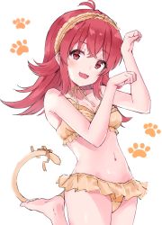 Rule 34 | 1girl, :d, antenna hair, bare arms, bare shoulders, bikini, bikini skirt, breasts, cat tail, cleavage, collarbone, commentary, cowboy shot, fang, frilled bikini, frills, hairband, hands up, head tilt, highres, idolmaster, idolmaster shiny colors, kemonomimi mode, komiya kaho, leg up, long hair, looking at viewer, minikon, navel, open mouth, orange bikini, orange ribbon, paw pose, paw print, red eyes, red hair, ribbon, simple background, small breasts, smile, solo, standing, standing on one leg, stomach, swimsuit, tail, tail ornament, tail ribbon, thighs, white background