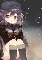 Rule 34 | 10s, 1girl, adapted costume, akatsuki (kancolle), anchor, can, canned coffee, coat, commentary, convenient leg, drink can, flat cap, hat, holding, kantai collection, long hair, open mouth, pleated skirt, purple eyes, purple hair, rouka (akatyann), scarf, sitting, skirt, snow, snowing, solo, steam