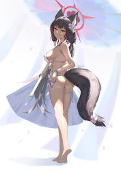 Rule 34 | 1girl, absurdres, animal ear fluff, animal ears, ass, bare legs, bare shoulders, barefoot, bikini, black hair, blue archive, bracelet, breasts, closed mouth, flower, fox ears, fox girl, fox tail, from behind, full body, gradient hair, halo, highres, holding, holding umbrella, jewelry, large breasts, legs, long hair, looking at viewer, looking back, multicolored hair, oil-paper umbrella, pink flower, red hair, sideboob, smile, soles, solo, standing, swimsuit, tail, tail ornament, tail ring, thigh strap, umbrella, vanillafox2035, wakamo (blue archive), wakamo (swimsuit) (blue archive), white bikini, yellow eyes