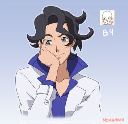 Rule 34 | 1boy, artist name, augustine sycamore, black hair, blue shirt, blush, closed mouth, coat, collared shirt, creatures (company), curly hair, facial hair, game freak, gradient background, grey eyes, hand up, head rest, lab coat, male focus, mixed-language commentary, nintendo, noelia ponce, pokemon, pokemon xy, popped collar, reference inset, shirt, signature, solo, upper body, white coat