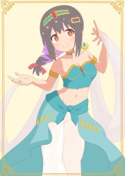 Rule 34 | 1girl, alternate costume, alternate hairstyle, armlet, bare arms, bare shoulders, black hair, braid, breasts, brown eyes, c:, collarbone, commentary request, dancer, earrings, framed, freshd 0325, hair between eyes, hair ornament, hair ribbon, hairband, hairclip, harem outfit, highres, jewelry, looking at viewer, medium breasts, midriff, multicolored hair, navel, necklace, onii-chan wa oshimai!, oyama mihari, pants, purple hair, red ribbon, ribbon, ring, simple background, single braid, smile, solo, strapless, tube top, two-tone hair, white pants, yellow background