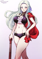 Rule 34 | 1girl, adapted costume, artist name, blonde hair, blue eyes, breasts, cape, cleavage, closed mouth, commentary, dated, edelgard von hresvelg, fire emblem, fire emblem: three houses, garreg mach monastery uniform, hip bones, holding, long hair, medium breasts, midriff, mina cream, narrow waist, navel, nintendo, redrawn, revision, simple background, solo, swimsuit, white background