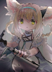Rule 34 | 1girl, animal ear fluff, animal ears, arknights, bare shoulders, black collar, black gloves, blonde hair, blue hairband, braid, braided hair rings, clothing cutout, collar, commentary request, dress, erandhl, fox ears, fox girl, frilled sleeves, frills, gloves, green eyes, hair rings, hairband, highres, holding, infection monitor (arknights), looking at viewer, multicolored hair, parted lips, short hair, shoulder cutout, single glove, single wrist cuff, solo, suzuran (arknights), two-tone hair, white hair, wrist cuffs