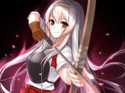 Rule 34 | 10s, 1girl, bad id, bad pixiv id, blurry, bow (weapon), brown eyes, depth of field, drawing bow, headband, holding, holding bow (weapon), holding weapon, japanese clothes, kantai collection, long hair, meaomao, muneate, shoukaku (kancolle), shoukaku kai ni (kancolle), silver hair, smile, solo, weapon