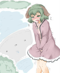 Rule 34 | 1girl, animal ears, between legs, blush, breath, dam, dog ears, dress, embarrassed, female focus, green hair, half-closed eyes, hand between legs, have to pee, kasodani kyouko, knees together feet apart, matching hair/eyes, mepikari, nose blush, open mouth, own hands together, purple dress, saliva, short hair, solo, standing, sweat, tears, text focus, touhou, translated, trembling, urine meter, v arms, water