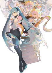 Rule 34 | 1girl, bare shoulders, black collar, black footwear, black skirt, blue eyes, blue hair, blue necktie, blue sleeves, boots, closed mouth, clothes lift, collar, collared shirt, detached sleeves, floral background, flower, frilled skirt, frills, frown, full body, hair ornament, hatsune miku, highres, lobelia (saclia), long hair, long sleeves, looking ahead, miniskirt, necktie, petals, petticoat, shirt, simple background, skirt, skirt lift, sleeveless, sleeveless shirt, solo, stairs, thigh boots, twintails, very long hair, vocaloid, white background, white shirt, wide sleeves, yellow flower