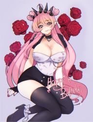 Rule 34 | 1girl, black flower, black footwear, black gloves, black rose, black shorts, black thighhighs, breasts, cleavage, commentary, double bun, english commentary, fingerless gloves, flower, gloves, hair behind ear, hair bun, happy birthday, head tilt, heart, heart hair, heart hair bun, high heels, indie virtual youtuber, lady rose noire, large breasts, long hair, meowyin, mole, mole on breast, nail polish, pink eyes, pink flower, pink rose, pointy ears, purple background, red flower, red nails, red rose, rose, shorts, sitting, smile, solo, thighhighs, very long hair, virtual youtuber