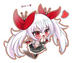Rule 34 | 1girl, :d, azur lane, black dress, black thighhighs, blush, check translation, chibi, commentary, detached sleeves, dress, fang, hair between eyes, hair ribbon, hand to own mouth, heart, long hair, open mouth, pleated dress, red eyes, red ribbon, ribbon, sidelocks, silver hair, smile, solo, standing, tarakon, thighhighs, translation request, twintails, vampire (azur lane), very long hair, white background