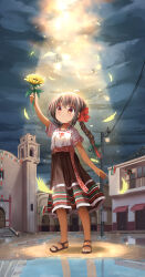 Rule 34 | 1girl, absurdres, ahoge, arm up, aztec, black footwear, black hair, blush, bow, braid, brown skirt, building, closed mouth, cloud, cloudy sky, commentary request, dark-skinned female, dark skin, feathers, flower, hair between eyes, hair bow, high-waist skirt, highres, holding, holding flower, long hair, low twintails, mexican flag, original, outdoors, power lines, puddle, railing, red bow, red eyes, reflection, sandals, shirt, short sleeves, skirt, sky, solo, standing, stick jitb, sunflower, sunlight, twin braids, twintails, utility pole, very long hair, water, white shirt, yellow feathers, yellow flower