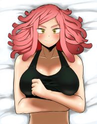 Rule 34 | 1girl, absurdres, bare shoulders, bed, blush, boku no hero academia, breasts, collarbone, hatsume mei, highres, large breasts, looking at viewer, lying, medium hair, on back, pink hair, sleeveless, smile, solo, symbol-shaped pupils, tank top, unusual pupils, yagisauce 07, yellow eyes