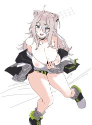Rule 34 | 1girl, ahoge, animal ears, breasts, choker, cleavage, collarbone, ear piercing, fang, flying sweatdrops, grey hair, hair between eyes, highres, hololive, jacket, jacket partially removed, large breasts, lion ears, lion girl, long hair, no bra, open mouth, piercing, see-through, see-through shirt, shishiro botan, shishiro botan (casual), shoes, sitting, skin fang, sneakers, solo, urokong, virtual youtuber