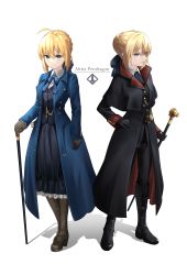 Rule 34 | 2girls, absurdres, ahoge, alternate costume, artoria pendragon (all), artoria pendragon (fate), black footwear, black gloves, blonde hair, blue neckwear, boots, bow, braid, braided bun, cane, capelet, character name, closed mouth, collared shirt, crown braid, dress shirt, dual persona, fate/stay night, fate (series), formal, frown, full body, gloves, green eyes, hair between eyes, hair bun, hair ribbon, hand on own hip, highres, holding, holding cane, knee boots, long skirt, looking at viewer, multiple girls, pant suit, pants, pantyhose, ribbon, saber (fate), saber alter, scowl, shirt, shoes, single hair bun, skirt, smile, suit, tailcoat, tsurupy, v-shaped eyebrows, waistcoat, white shirt