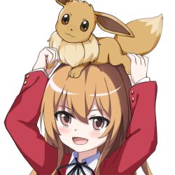 Rule 34 | 1girl, :d, aisaka taiga, animal, animal on head, arms up, artist request, black ribbon, blazer, brown eyes, brown hair, collared shirt, commentary request, creatures (company), eevee, game freak, gen 1 pokemon, hair between eyes, jacket, long hair, long sleeves, looking at viewer, neck ribbon, nintendo, on head, oohashi high school uniform, open mouth, pokemon, pokemon (creature), red jacket, ribbon, school uniform, shirt, smile, toradora!, transparent background, upper body, white shirt