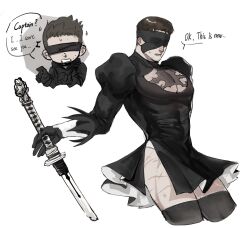Rule 34 | 2b (nier:automata), 2b (nier:automata) (cosplay), 2boys, 9s (nier:automata) (cosplay), adeliae, bara, black blindfold, black dress, black hair, blindfold, chris redfield, cosplay, covered eyes, dress, english text, highres, holding, holding sword, holding weapon, juliet sleeves, large pectorals, long sleeves, male focus, multiple boys, muscular, muscular male, nier:automata, nier (series), pectorals, piers nivans, puffy sleeves, resident evil, resident evil 6, short hair, simple background, sword, thighs, weapon, white background, 9s (nier:automata)
