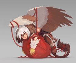 Rule 34 | 1girl, ahoge, animal hands, bad link, bird wings, blush, brown feathers, brown fur, brown hair, capelet, claws, commission, entangled, feathered wings, feathers, full body, grey background, griffon (monster girl encyclopedia), hair between eyes, highres, lion paw, lion tail, looking at viewer, lying, monster girl, monster girl encyclopedia, multicolored hair, on stomach, open mouth, paintrfiend, second-party source, short hair, simple background, solo, tail, two-tone hair, white feathers, white fur, white hair, wings, yarn, yarn ball, yellow eyes