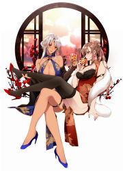 Rule 34 | 2girls, absurdres, amazuki jou, arm strap, azur lane, black legwear, blue dress, blue footwear, blue nails, braid, breasts, china dress, chinese clothes, cleavage, cleavage cutout, clothing cutout, commentary request, criss-cross halter, crossed legs, cup, dark-skinned female, dark skin, dress, drink, drinking, earrings, feather boa, female focus, flower, french braid, fur scarf, hair bun, halterneck, hand on another&#039;s leg, head tilt, high heels, highres, holding, holding another&#039;s foot, holding cup, jean bart (azur lane), jewelry, large breasts, legs, light brown hair, long hair, looking at another, massachusetts (azur lane), medium breasts, medium dress, multiple girls, nail polish, open mouth, parted bangs, red dress, red eyes, red flower, red footwear, red nails, ring, round window, shoe dangle, side slit, silver hair, single hair bun, smile, thigh strap, thighhighs, wedding band, window, yuri