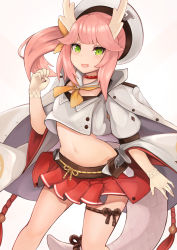 Rule 34 | 1girl, :d, azur lane, belt, blush, bracelet, buttons, choker, coat, commentary request, crop top, detached collar, dragon girl, dragon horns, dragon tail, fang, green eyes, groin, hair ribbon, hand up, hat, highres, horns, jacket, jacket on shoulders, jewelry, long hair, long sleeves, looking at viewer, midriff, miniskirt, navel, neck ribbon, open clothes, open coat, open mouth, orange ribbon, pink hair, pleated skirt, red skirt, ribbon, rope, ryara, ryuujou (azur lane), shimenawa, shirt, side ponytail, sidelocks, simple background, skirt, smile, solo, stomach, tail, v-shaped eyebrows, white background, white coat, white hat, white shirt, wide sleeves