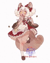 Rule 34 | 1girl, :o, absurdres, animal ears, apron, bow, brown footwear, covering own mouth, frilled apron, frilled skirt, frills, full body, green shirt, hair bow, hand over own mouth, hands up, highres, hua hua de meme, lolita fashion, looking at viewer, nut (food), original, red bow, red nails, red skirt, shirt, short hair, skirt, socks, solo, squirrel ears, squirrel print, squirrel tail, standing, standing on one leg, sweet lolita, tail, tan, twintails, wa lolita, watermark, white apron, white background, white socks, wide sleeves, yellow eyes