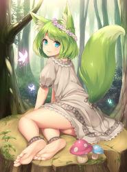 Rule 34 | 1girl, animal ear fluff, animal ears, ankle cuffs, aqua eyes, arm support, barefoot, blue eyes, bob cut, brown hair, bug, butterfly, day, dress, feet, flower, forest, fox ears, fox tail, from behind, full body, green hair, hair flower, hair ornament, head wreath, highres, insect, looking at viewer, looking back, moss, mushroom, nature, original, outdoors, plant, puffy short sleeves, puffy sleeves, sasaame, short dress, short hair, short sleeves, sitting, smile, soles, solo, tail, toes, tree, tree stump
