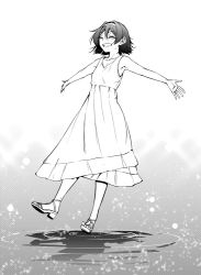 Rule 34 | 10s, 1girl, alternate costume, alternate footwear, armpits, ataru (cha2batake), dress, closed eyes, greyscale, hairband, kantai collection, monochrome, outstretched arms, ripples, sandals, short hair, smile, solo, tanikaze (kancolle), water