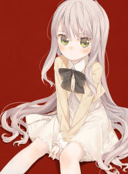 Rule 34 | 1girl, amamiya chiharu, between legs, bow, bowtie, collared dress, cropped jacket, dress, green eyes, hand between legs, lace, lace-trimmed dress, lace trim, long hair, looking at viewer, original, red background, simple background, sitting, tsurime, white dress, white hair