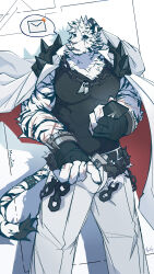 Rule 34 | 1boy, absurdres, animal ears, arknights, artist request, bara, belt, covered erect nipples, facial hair, feet out of frame, furry, furry male, goatee, highres, holding, jacket, jacket on shoulders, large hands, large pectorals, looking to the side, mailbox (incoming mail), male focus, mountain (arknights), muscular, muscular male, pectorals, scar, scar across eye, scar on arm, shirt, short hair, solo, standing, thick eyebrows, tiger boy, tiger ears, tight clothes, tight shirt, white hair