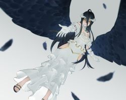 Rule 34 | 1girl, ahoge, albedo (overlord), bare shoulders, black hair, black wings, breasts, cleavage, commentary, commentary request, demon girl, demon horns, demon wings, dress, feathered wings, feet, gloves, hair between eyes, horns, large breasts, long hair, looking at viewer, mi8pq, open mouth, overlord (maruyama), slit pupils, smile, solo, white dress, white gloves, wings, yellow eyes