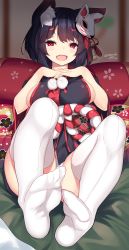 Rule 34 | 1girl, :d, absurdres, animal ears, artist name, azur lane, black hair, black kimono, blurry, blush, bob cut, breast suppress, breasts, cat ears, dated, depth of field, fang, feet, floral print, foreshortening, fox mask, hands on own chest, highres, indoors, japanese clothes, kimono, large breasts, mask, mask on head, nebusoku, no shoes, obi, on bed, open mouth, panties, pillow, pom pom (clothes), red eyes, remodel (azur lane), sash, short hair, short kimono, sideboob, sidelocks, signature, sitting, smile, soles, solo, thighhighs, thighs, toes, tsurime, twitter username, underwear, white panties, white thighhighs, yamashiro (azur lane)