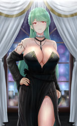 Rule 34 | 1girl, absurdres, archstreal, azur lane, bare shoulders, between breasts, black dress, black panties, breasts, cleavage, collarbone, commentary, dress, earrings, green hair, hand on own hip, head tilt, highres, indoors, jewelry, large breasts, littorio (azur lane), littorio (calabria aurea) (azur lane), long dress, long hair, long sleeves, looking at viewer, multicolored hair, nail polish, necklace, panties, parted lips, red eyes, red nails, see-through, solo, standing, streaked hair, swept bangs, thigh strap, thighs, underwear, very long hair