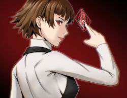 Rule 34 | 1girl, absurdres, blunt bangs, braid, brown hair, card, closed mouth, crown braid, from side, grey sweater, highres, holding, holding card, ikhwan maulana, long sleeves, niijima makoto, persona, persona 5, profile, red background, red eyes, short hair, smile, solo, sweater, turtleneck, turtleneck sweater, upper body