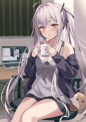 Rule 34 | 1girl, bare shoulders, black shorts, blush, breasts, chair, cleavage, coffee cup, computer, cup, desk, disposable cup, grey hair, grey shirt, hair ornament, hairclip, highres, holding, holding cup, indoors, jacket, laptop, long hair, looking at viewer, off shoulder, office chair, open clothes, open jacket, orange eyes, original, parted lips, rasahan, shirt, short shorts, shorts, sitting, sleeveless, sleeveless shirt, small breasts, solo, swivel chair, table, twintails