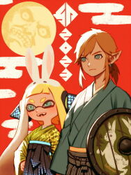 Rule 34 | 1boy, 1girl, animal ears, bellhenge, blonde hair, blue eyes, chinese zodiac, earrings, fake animal ears, fangs, frown, full moon, hand on own hip, headphones, inkling, inkling girl, inkling player character, japanese clothes, jewelry, kimono, link, moon, moon (zelda), new year, nintendo, pointy ears, rabbit ears, red background, shield, smile, super smash bros., year of the rabbit