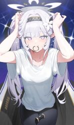 Rule 34 | 1girl, alternate hairstyle, arms up, black hairband, black pants, blue archive, blush, collarbone, earclip, flower, hair flower, hair intakes, hair ornament, hair tie, hairband, halo, highres, himari (blue archive), long hair, looking at viewer, mole, mole under eye, mouth hold, nail polish, pants, parted bangs, pointy ears, purple eyes, purple nails, shirt, short sleeves, sidelocks, sitting, solo, sweatdrop, twintails, tying hair, white hair, white shirt, zanya 000