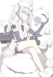 Rule 34 | 1girl, abyssal nimbus princess, abyssal ship, bike shorts, braid, breasts, kantai collection, looking at viewer, mechanical arms, ninimo nimo, pale skin, simple background, single mechanical arm, sitting, small breasts, solo, turret, twin braids, twintails, white background, white hair, yellow eyes